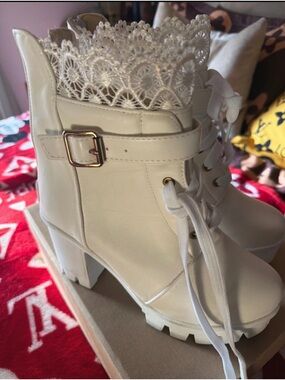 Lolita White Lace-Up Ankle Boots with Buckle Accent wedding